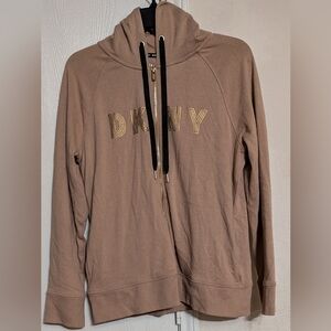 DKNY Sport Women's Gold Logo Drawstring Zip Front Hoodie Sweatshirt Size M